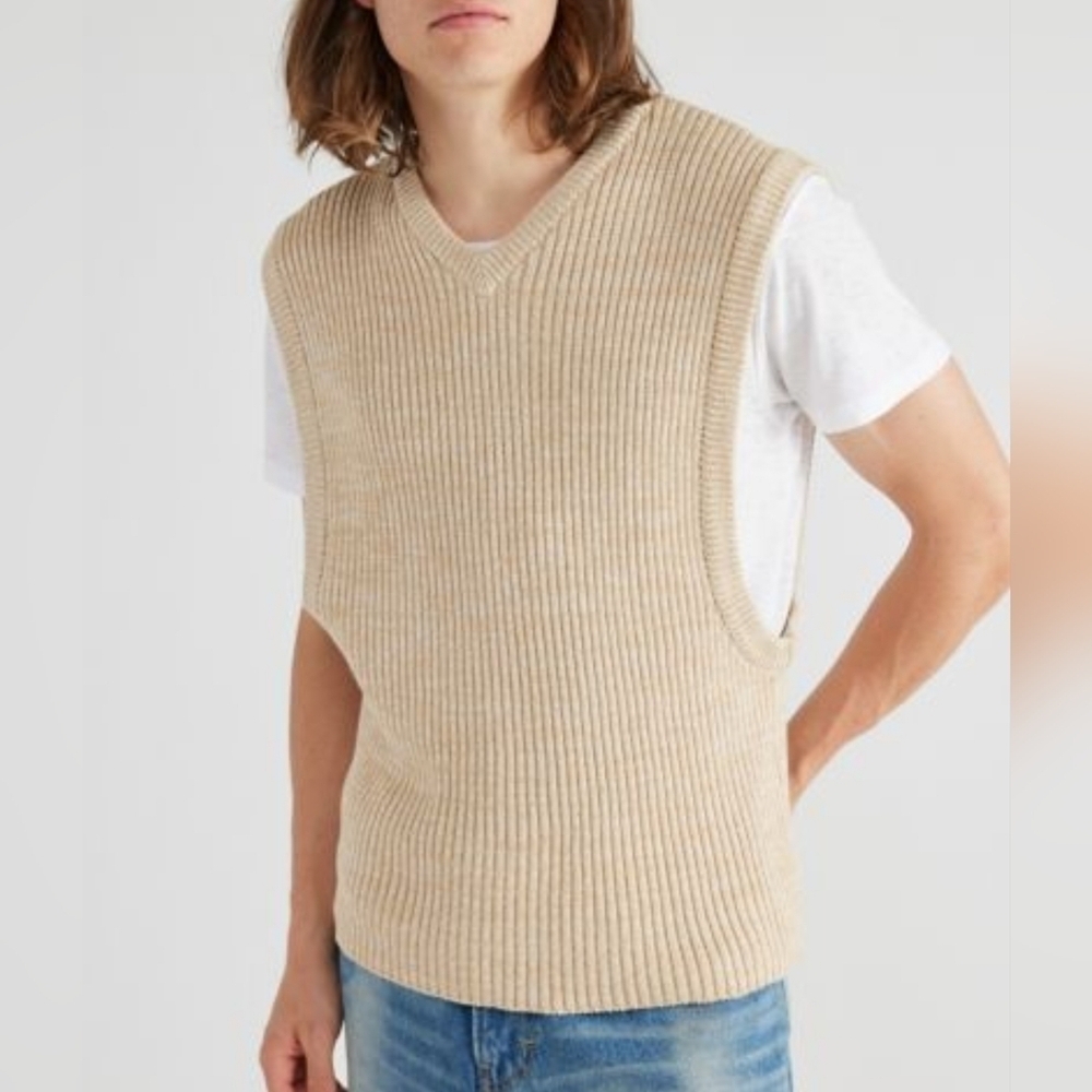Mens Ivory Urban Outfitters Ribbed V-Neck Low Armhole Sweater Vest LARGE